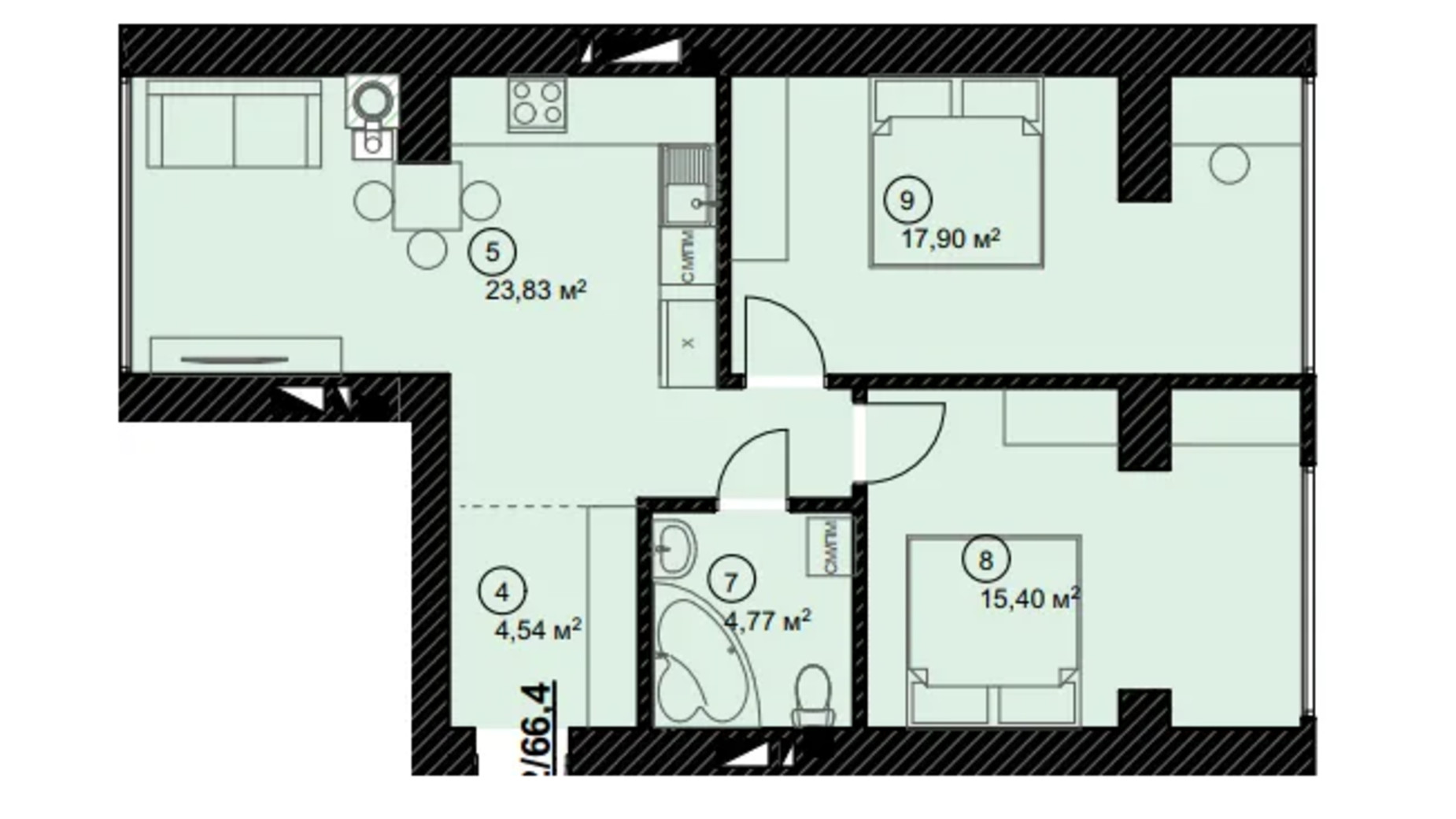 Планування 2-кімнатної квартири в ЖК Затишний 64.6 м², фото 652054