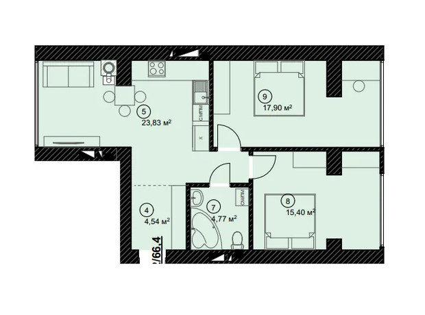 ЖК Уютный: планировка 2-комнатной квартиры 66.4 м²