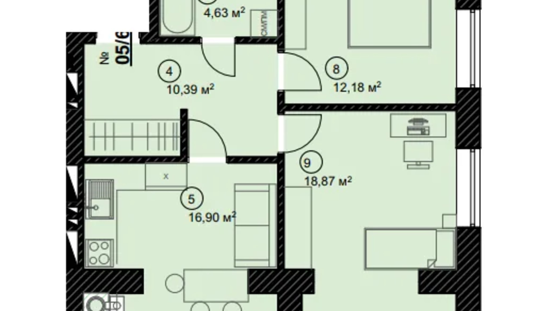 Планування 2-кімнатної квартири в ЖК Затишний 62.9 м², фото 652056
