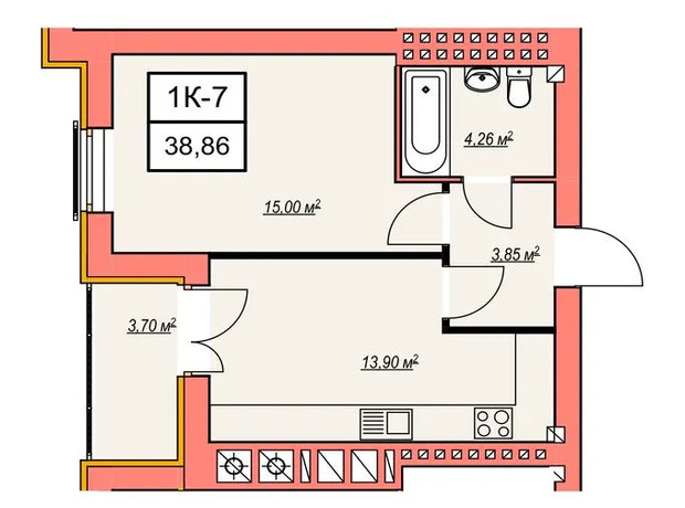 ЖК Агора 7: планування 1-кімнатної квартири 38.86 м²