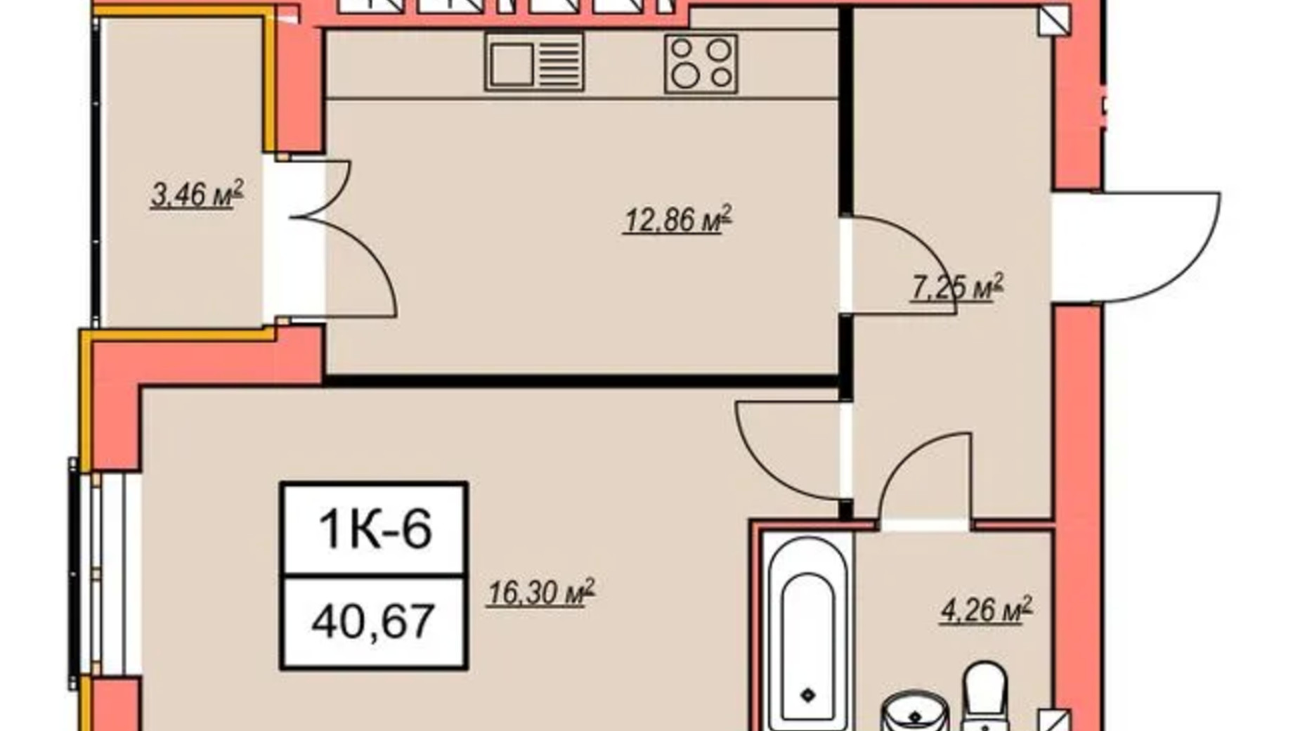 Планування 1-кімнатної квартири в ЖК Агора 7 40.67 м², фото 652101