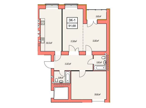 ЖК Агора 7: планировка 3-комнатной квартиры 90 м²