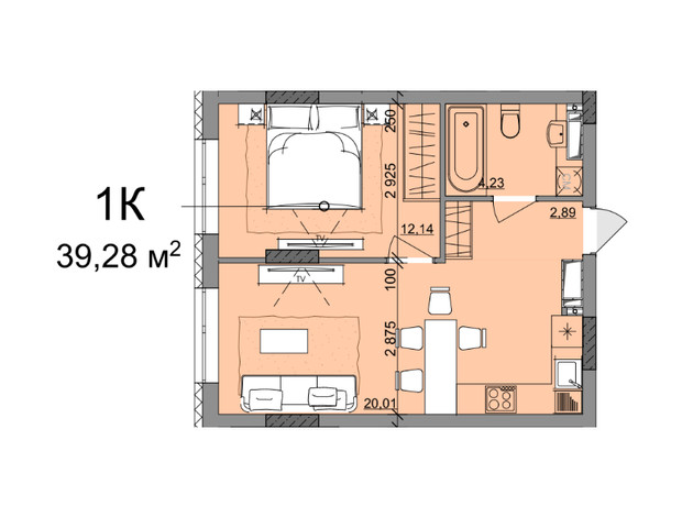 ЖК Акварель 10: планировка 1-комнатной квартиры 39.28 м²