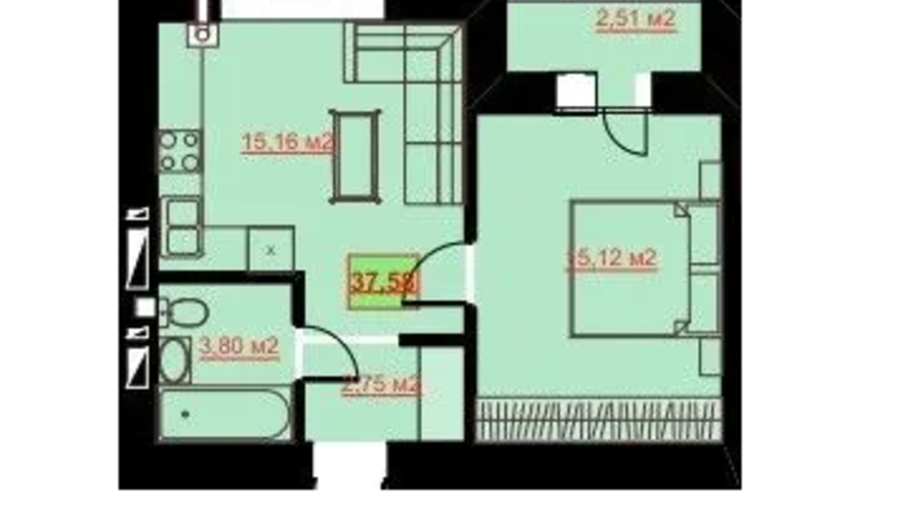 Планування 1-кімнатної квартири в ЖК Комфорт Сіті 37.58 м², фото 652280