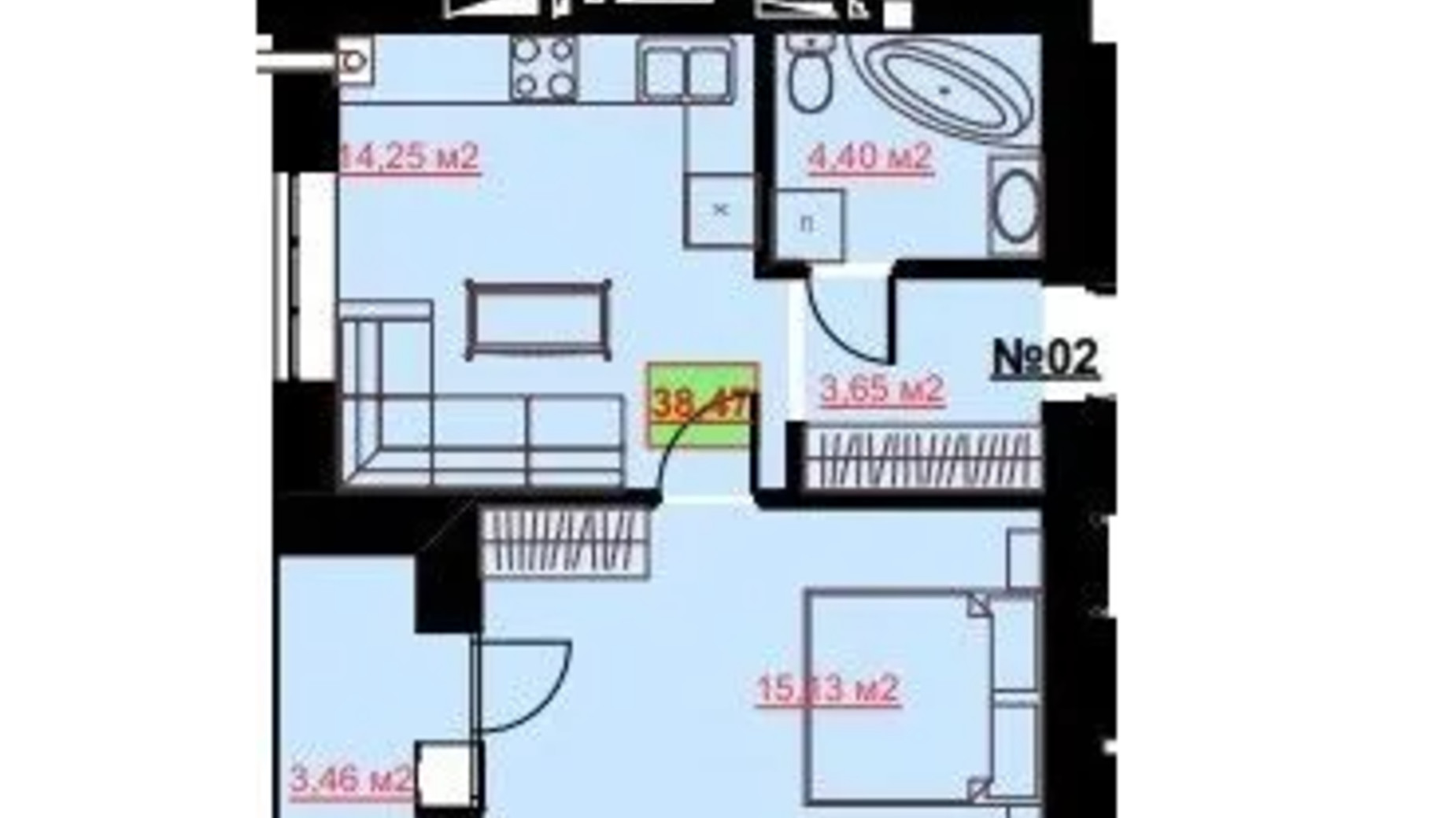 Планировка 1-комнатной квартиры в ЖК Комфорт Сити 38.47 м², фото 652282