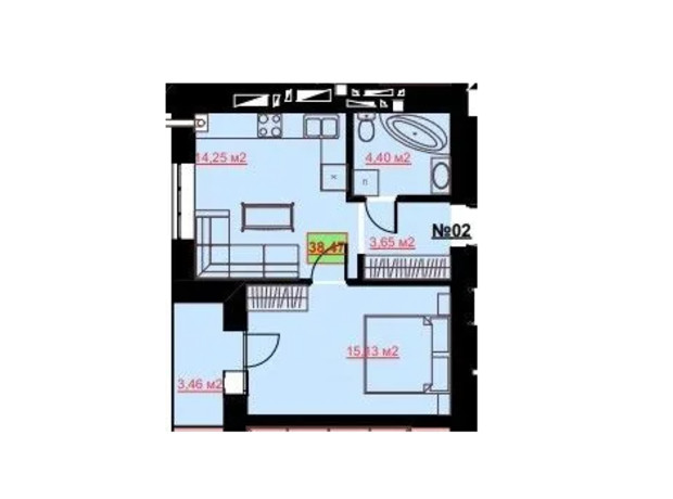 ЖК Комфорт Сіті: планування 1-кімнатної квартири 38.47 м²