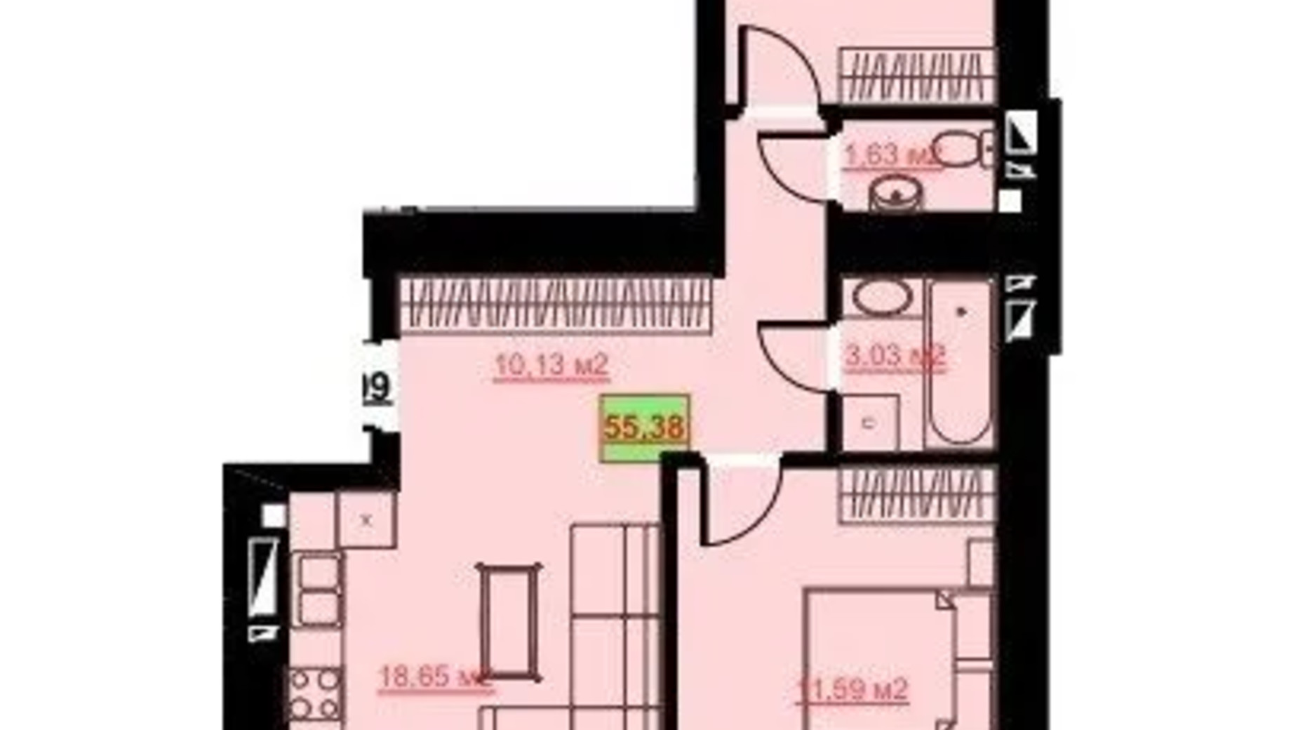 Планировка 2-комнатной квартиры в ЖК Комфорт Сити 55.38 м², фото 652283