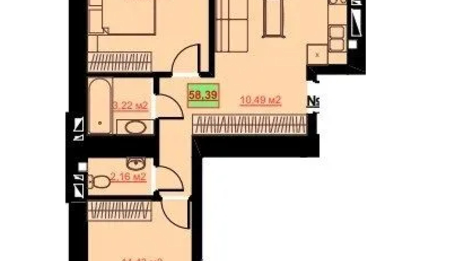 Планировка 2-комнатной квартиры в ЖК Комфорт Сити 58.39 м², фото 652286