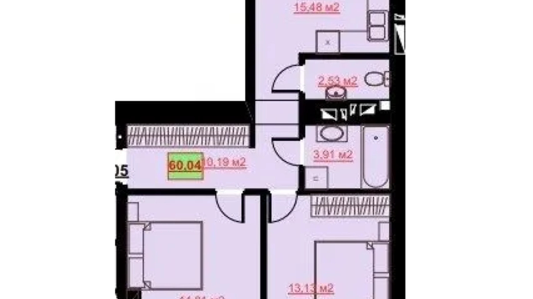 Планировка 2-комнатной квартиры в ЖК Комфорт Сити 60.04 м², фото 652287