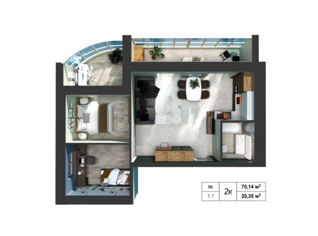 ЖК Теплый дом Plus: планировка 2-комнатной квартиры 72.5 м²