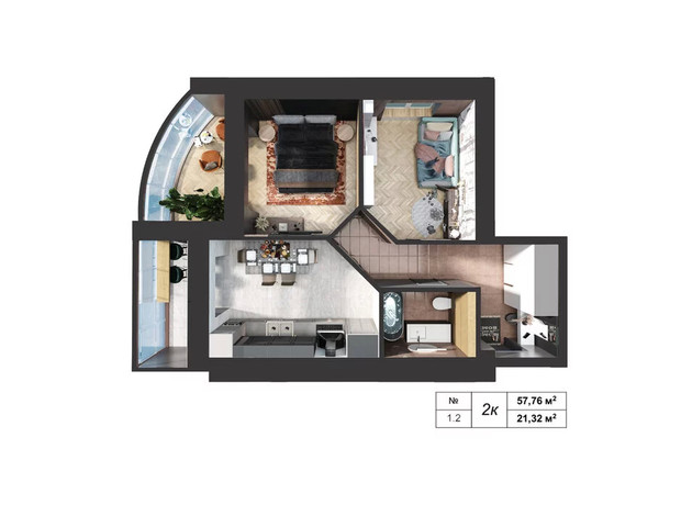 ЖК Теплый дом Plus: планировка 2-комнатной квартиры 59.2 м²