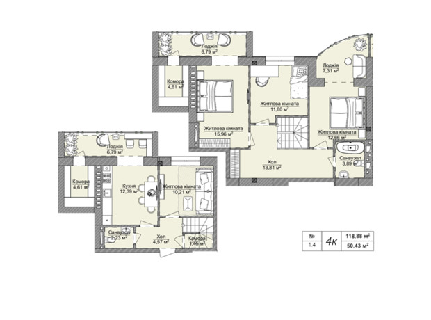 ЖК Теплий Дім Plus: планування 4-кімнатної квартири 126.7 м²