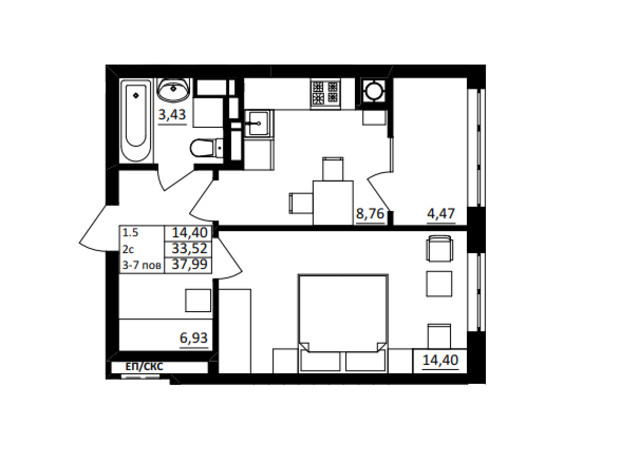 ЖК Обухівський ключ: планування 1-кімнатної квартири 37.99 м²