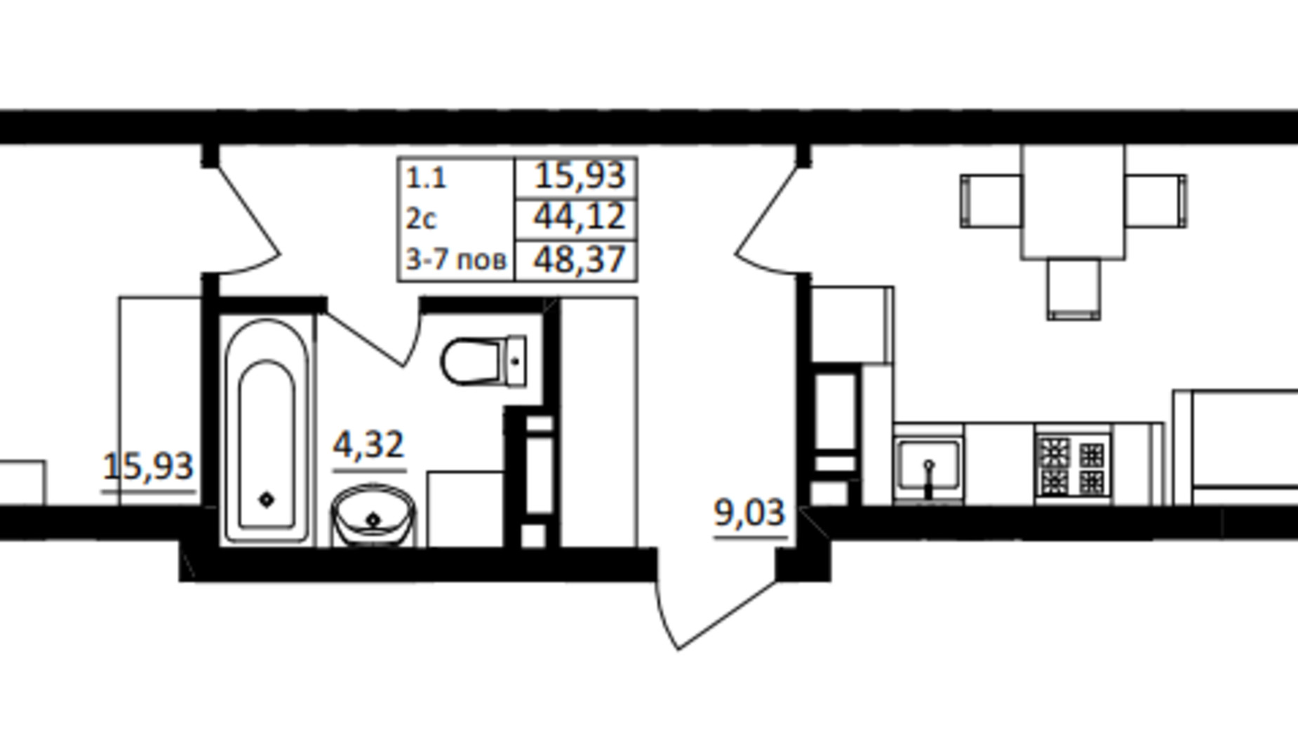 Планування 1-кімнатної квартири в ЖК Обухівський ключ 48.37 м², фото 652741