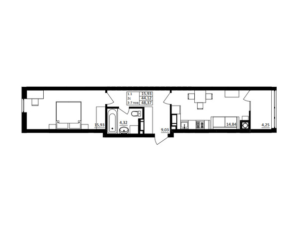 ЖК Обуховский ключ: планировка 1-комнатной квартиры 48.37 м²