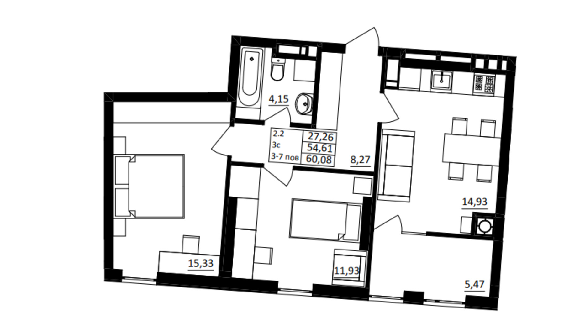 Планировка 2-комнатной квартиры в ЖК Обуховский ключ 60.08 м², фото 652742