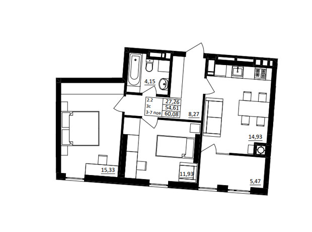 ЖК Обухівський ключ: планування 2-кімнатної квартири 60.08 м²