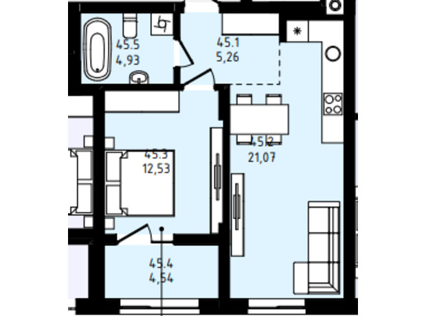 ЖК Prestige Hall: планировка 1-комнатной квартиры 48.33 м²