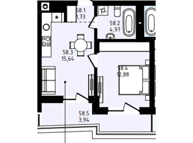 ЖК Prestige Hall: планування 1-кімнатної квартири 39.16 м²