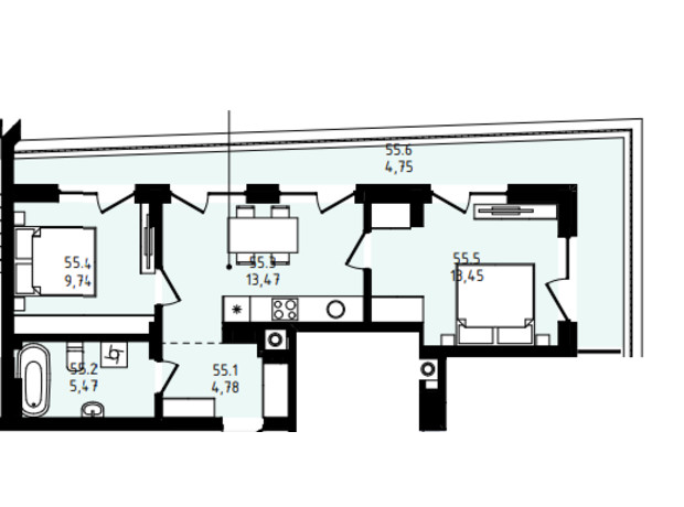 ЖК Prestige Hall: планування 2-кімнатної квартири 51.66 м²