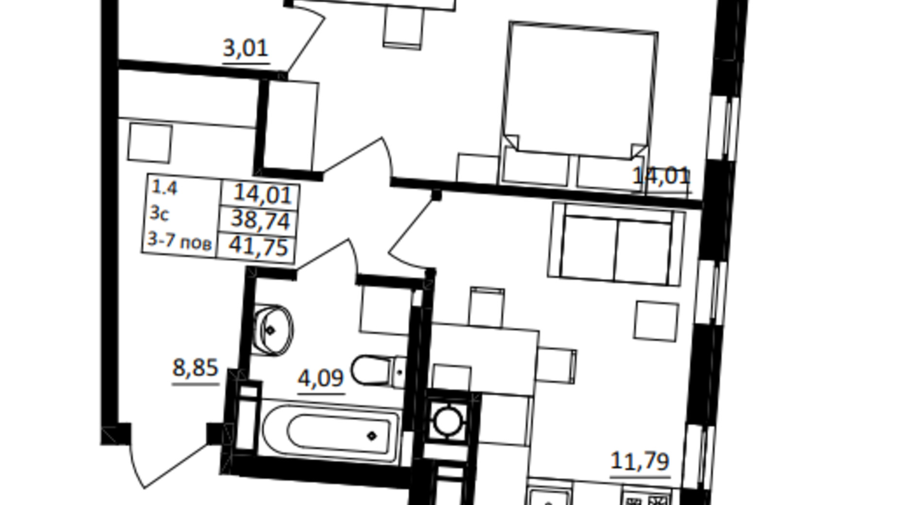 Планировка 1-комнатной квартиры в ЖК Обуховский ключ 41.75 м², фото 652827