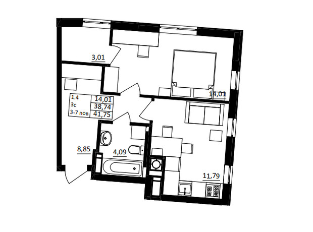 ЖК Обуховский ключ: планировка 1-комнатной квартиры 41.75 м²