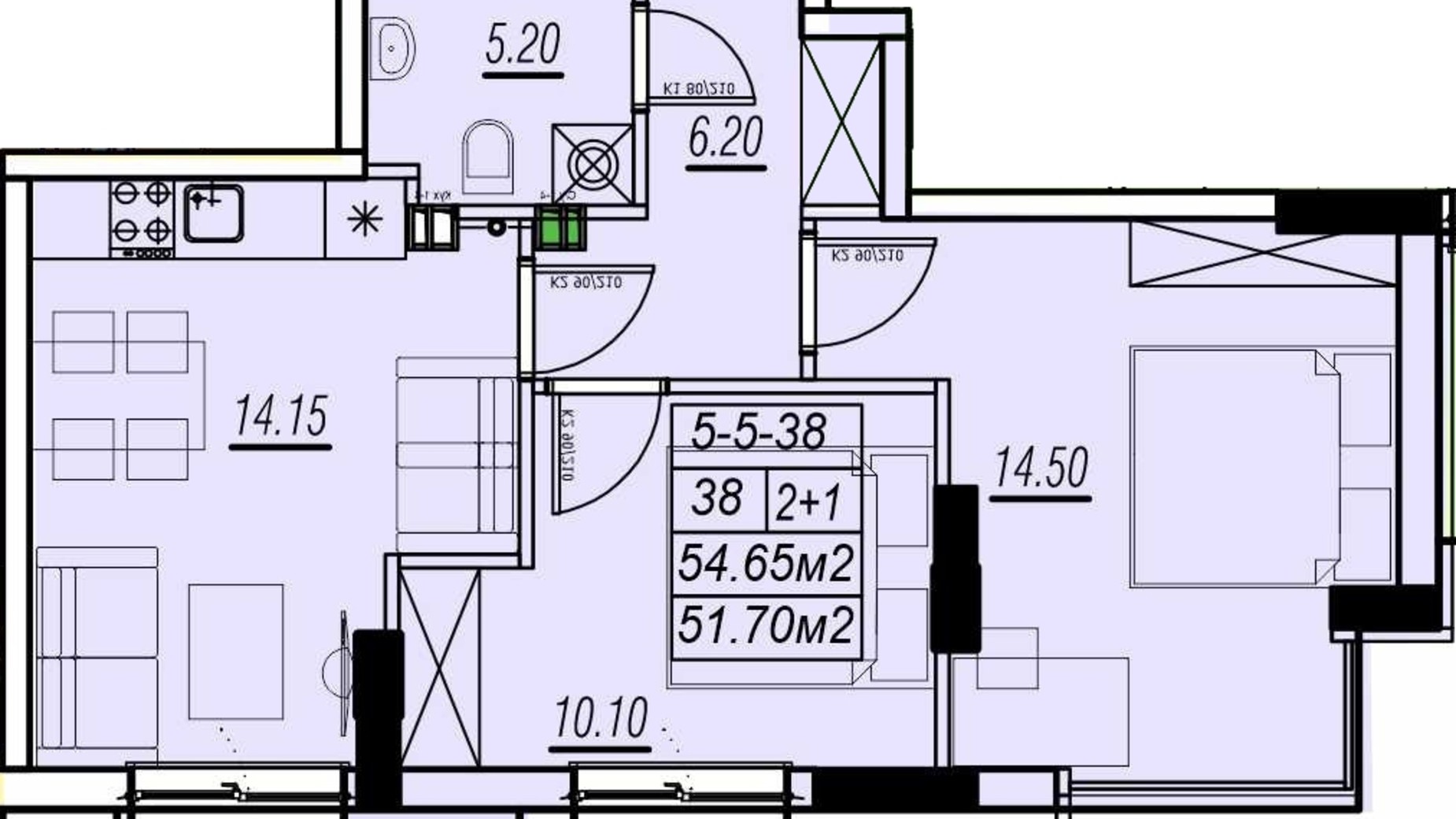 Планування 2-кімнатної квартири в ЖК Golden City 54.65 м², фото 652848