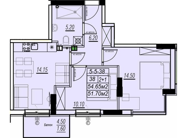 ЖК Golden City: планировка 2-комнатной квартиры 54.65 м²