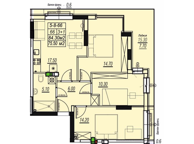ЖК Golden City: планировка 3-комнатной квартиры 84.3 м²