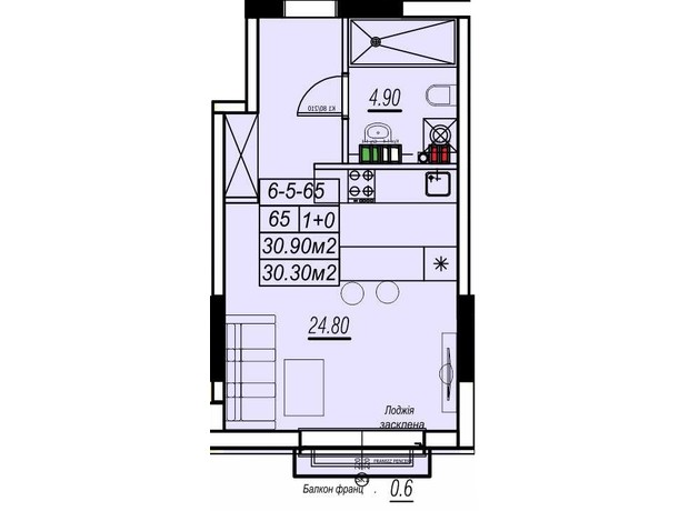 ЖК Golden City: планування 1-кімнатної квартири 30.9 м²