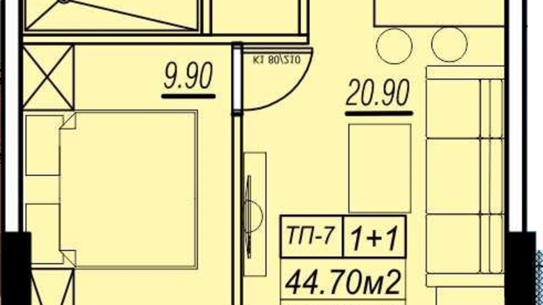 Планування 1-кімнатної квартири в ЖК Golden City 44.7 м², фото 652865