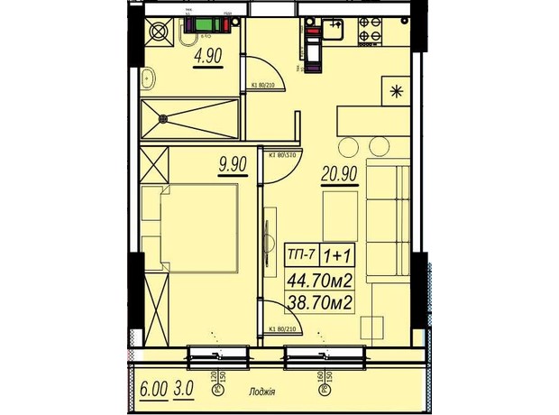 ЖК Golden City: планування 1-кімнатної квартири 44.7 м²
