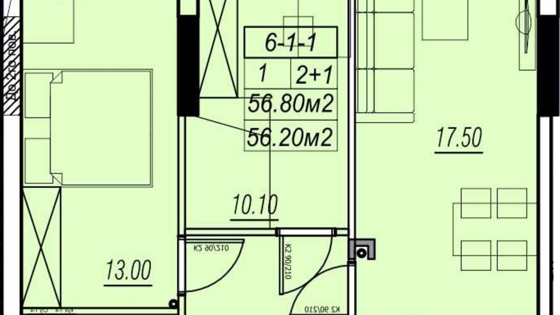 Планування 2-кімнатної квартири в ЖК Golden City 56.8 м², фото 652866