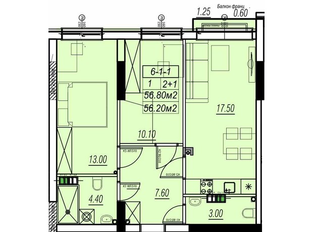 ЖК Golden City: планировка 2-комнатной квартиры 56.8 м²
