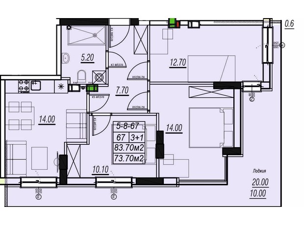 ЖК Golden City: планировка 3-комнатной квартиры 83.7 м²