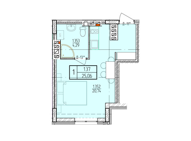 ЖК Солнечный квартал: планировка 1-комнатной квартиры 24 м²