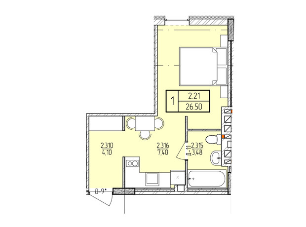 ЖК Сонячний квартал: планування 1-кімнатної квартири 26.8 м²
