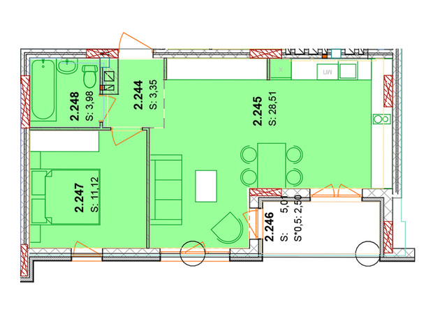 ЖК Солнечный квартал: планировка 2-комнатной квартиры 47.6 м²