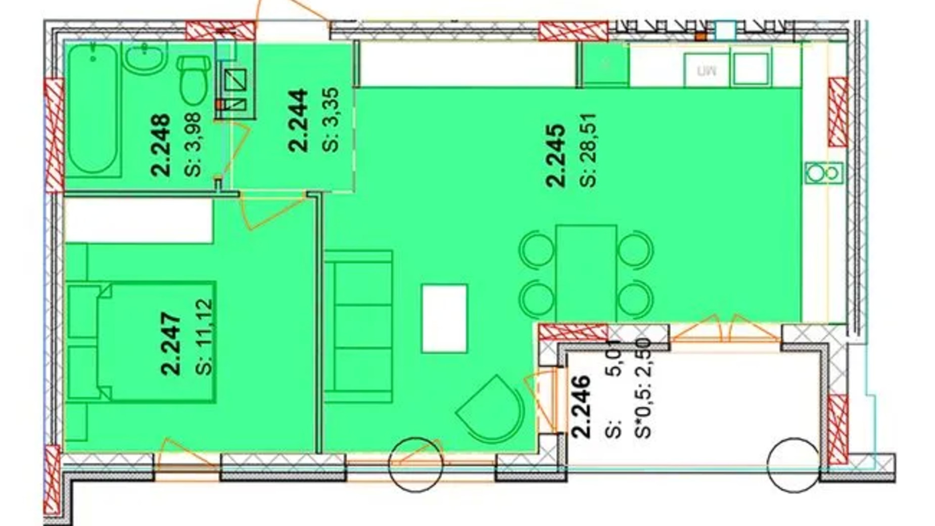 Планировка апартаментов в ЖК Солнечный квартал 51.91 м², фото 652961