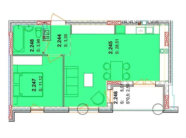 ЖК Солнечный квартал: планировка 3-комнатной квартиры 51.91 м²