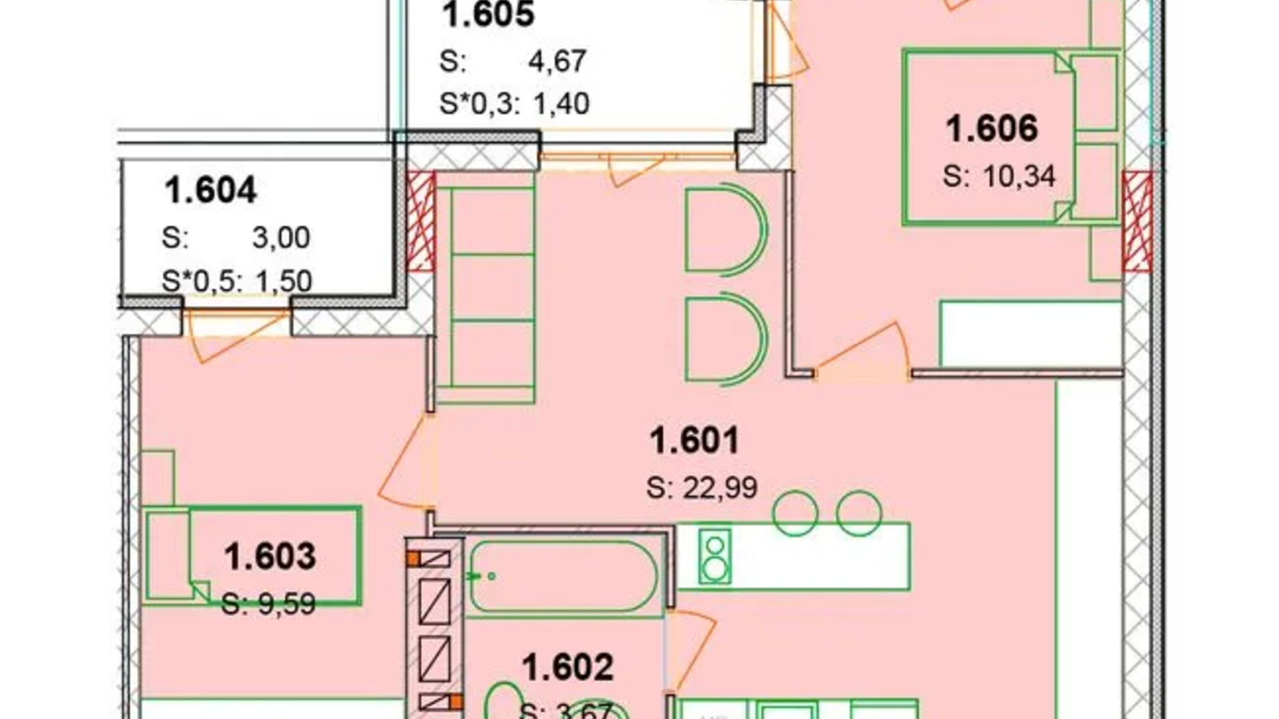 Планировка апартаментов в ЖК Солнечный квартал 54.26 м², фото 652965