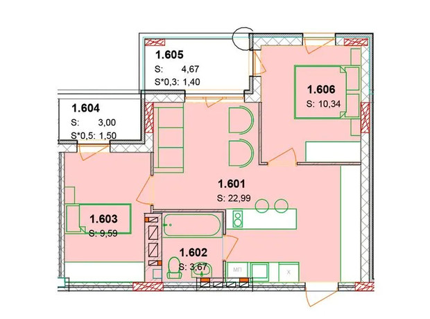 ЖК Солнечный квартал: планировка 3-комнатной квартиры 54.26 м²