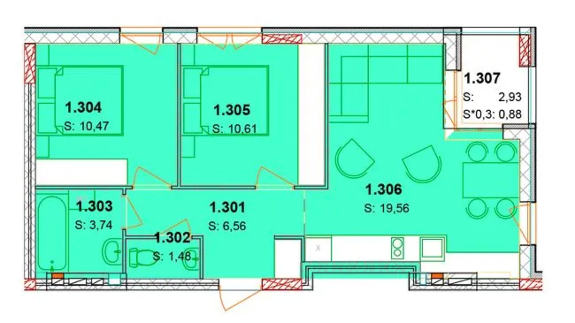 Планировка апартаментов в ЖК Солнечный квартал 55.35 м², фото 652966