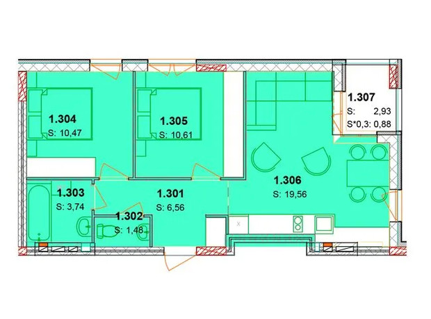 ЖК Сонячний квартал: планування 3-кімнатної квартири 55.35 м²