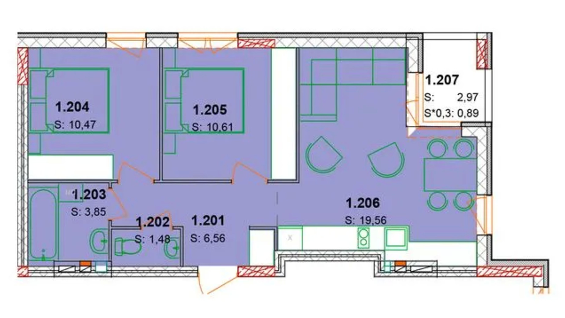 Планування апартаментів в ЖК Сонячний квартал 55.5 м², фото 652967