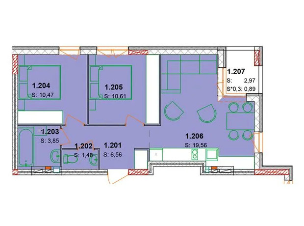 ЖК Солнечный квартал: планировка 3-комнатной квартиры 55.5 м²