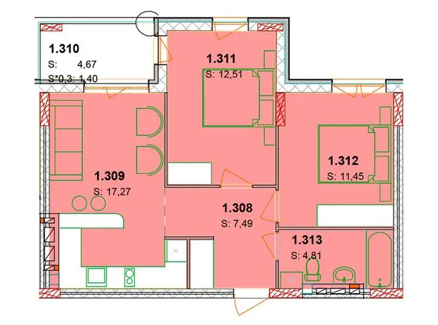 ЖК Солнечный квартал: планировка 3-комнатной квартиры 58.2 м²