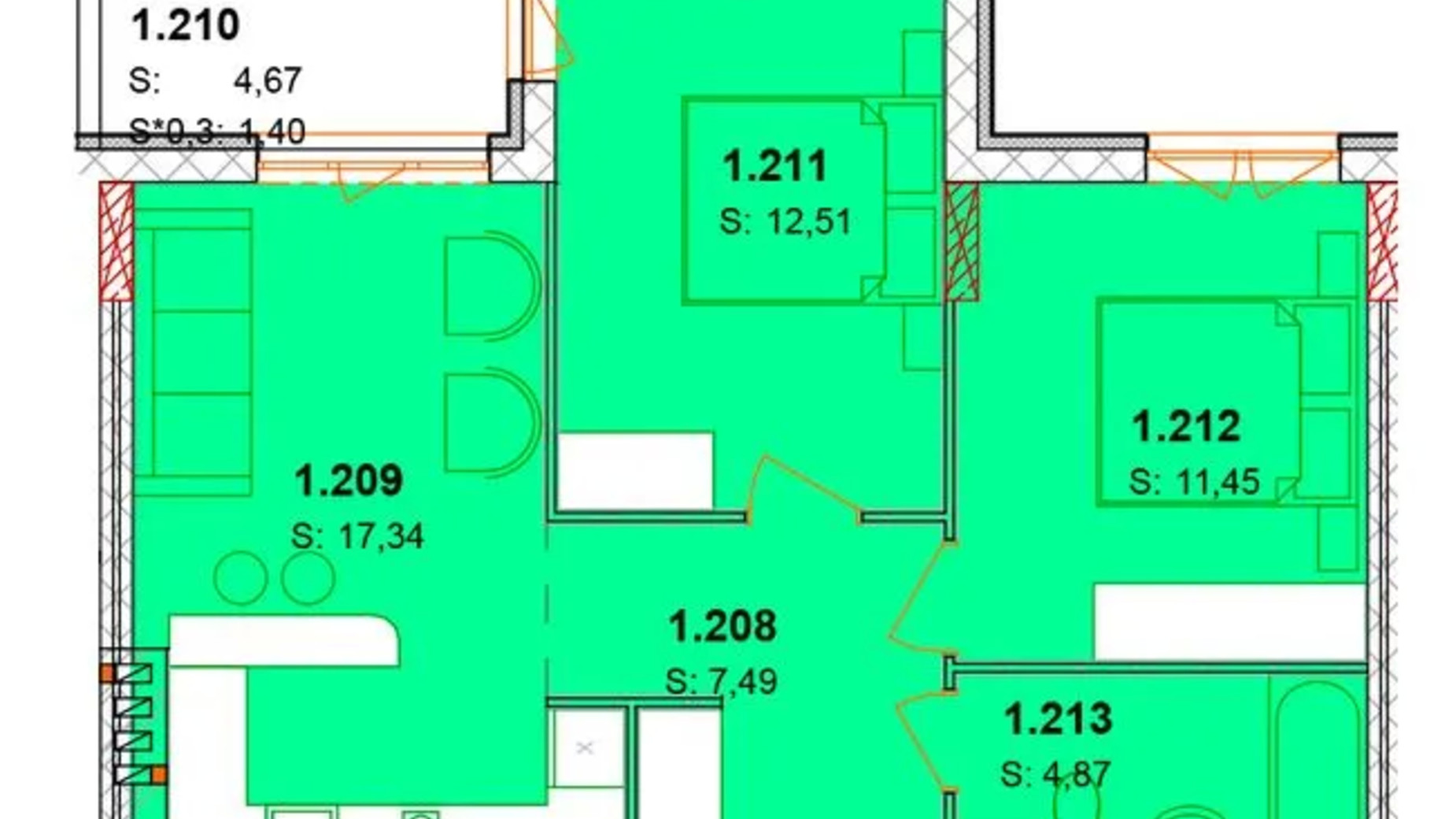 Планировка апартаментов в ЖК Солнечный квартал 58.3 м², фото 652969