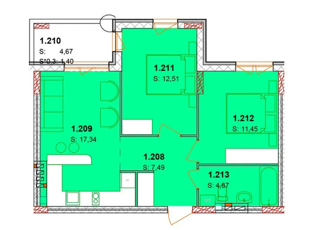 ЖК Солнечный квартал: планировка 3-комнатной квартиры 58.3 м²