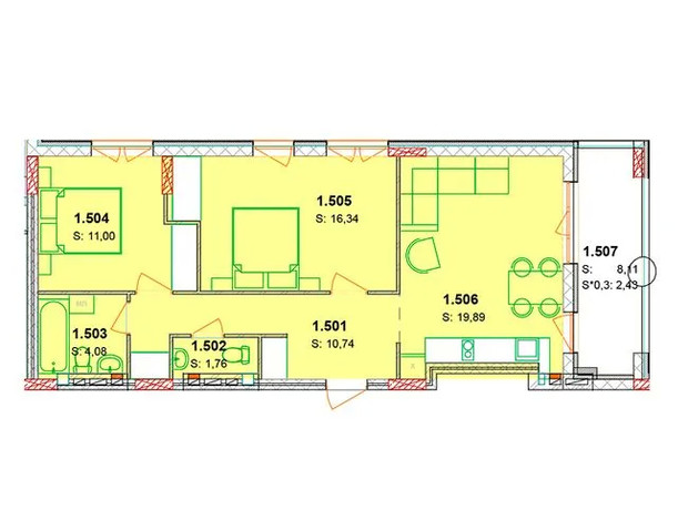 ЖК Сонячний квартал: планування 3-кімнатної квартири 71.92 м²